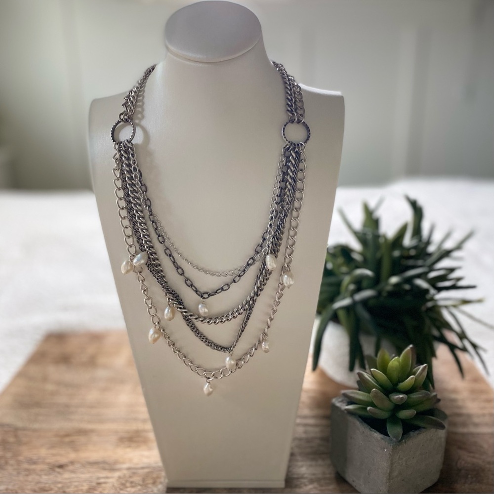 STELLA & DOT Silver Layered Toggle Necklace with Pearl Accents